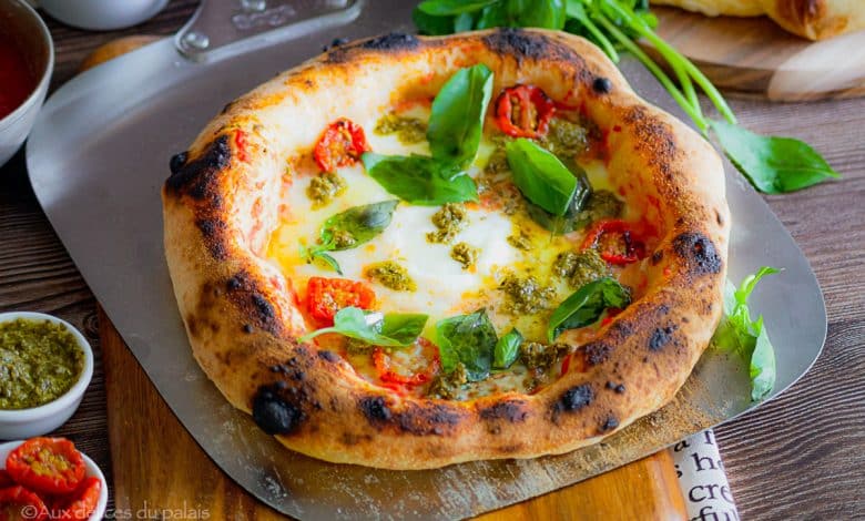 Pizza pesto mozzarella (pâte longue fermentation)