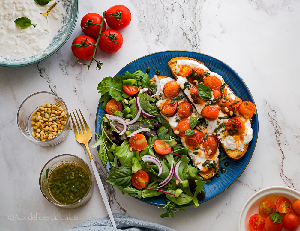 Bruschetta Burrata et tomates cerises confites