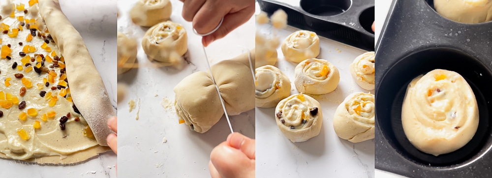 Brioche roulée à la crème raisins secs et orange confite