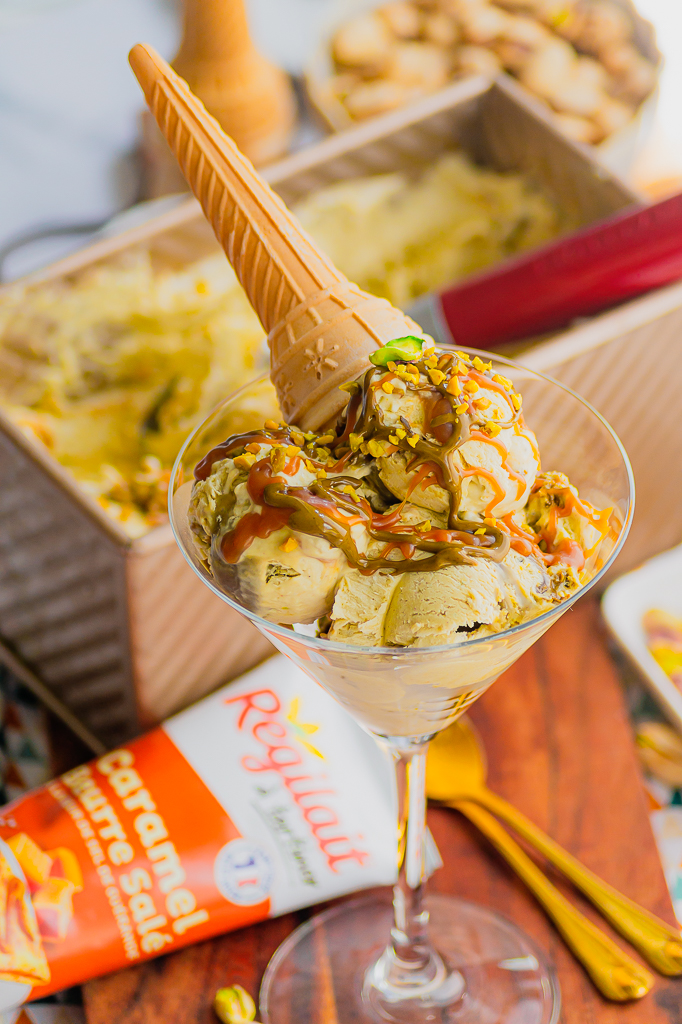 Glace à la pistache et caramel beurre salé (sans sorbetière)