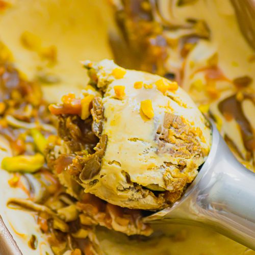 Glace à la pistache et caramel beurre salé (sans sorbetière)